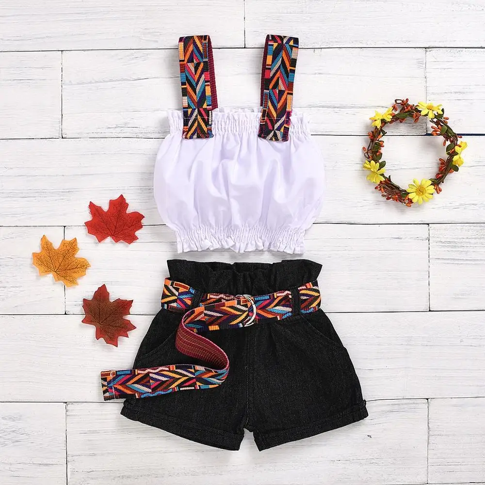 

New fashion Toddler Girl Clothing set ruffled national style sleeveless Tops and belt shorts set clothing for kids, Picture shows