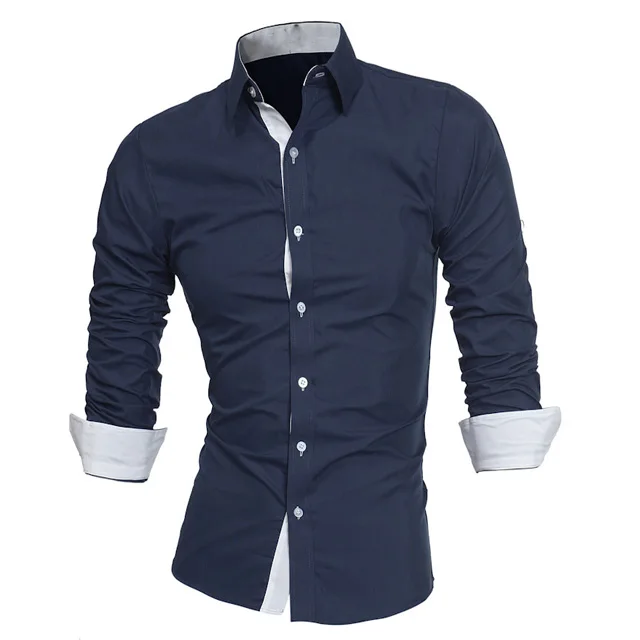 
2019 fashion formal long sleeve contrast slim woven stain spring autumn solid polyester tops men shirts 