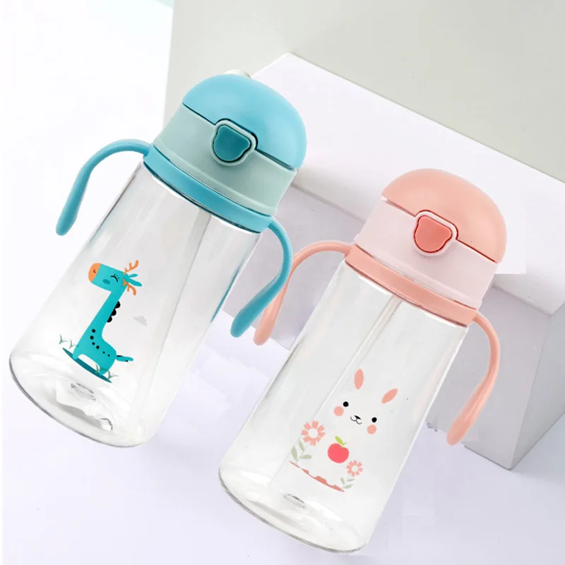 

Hot selling baby learning drink cup with straw handle portable food grade PP anti-fall anti-flatulence 300ML feeding bottle