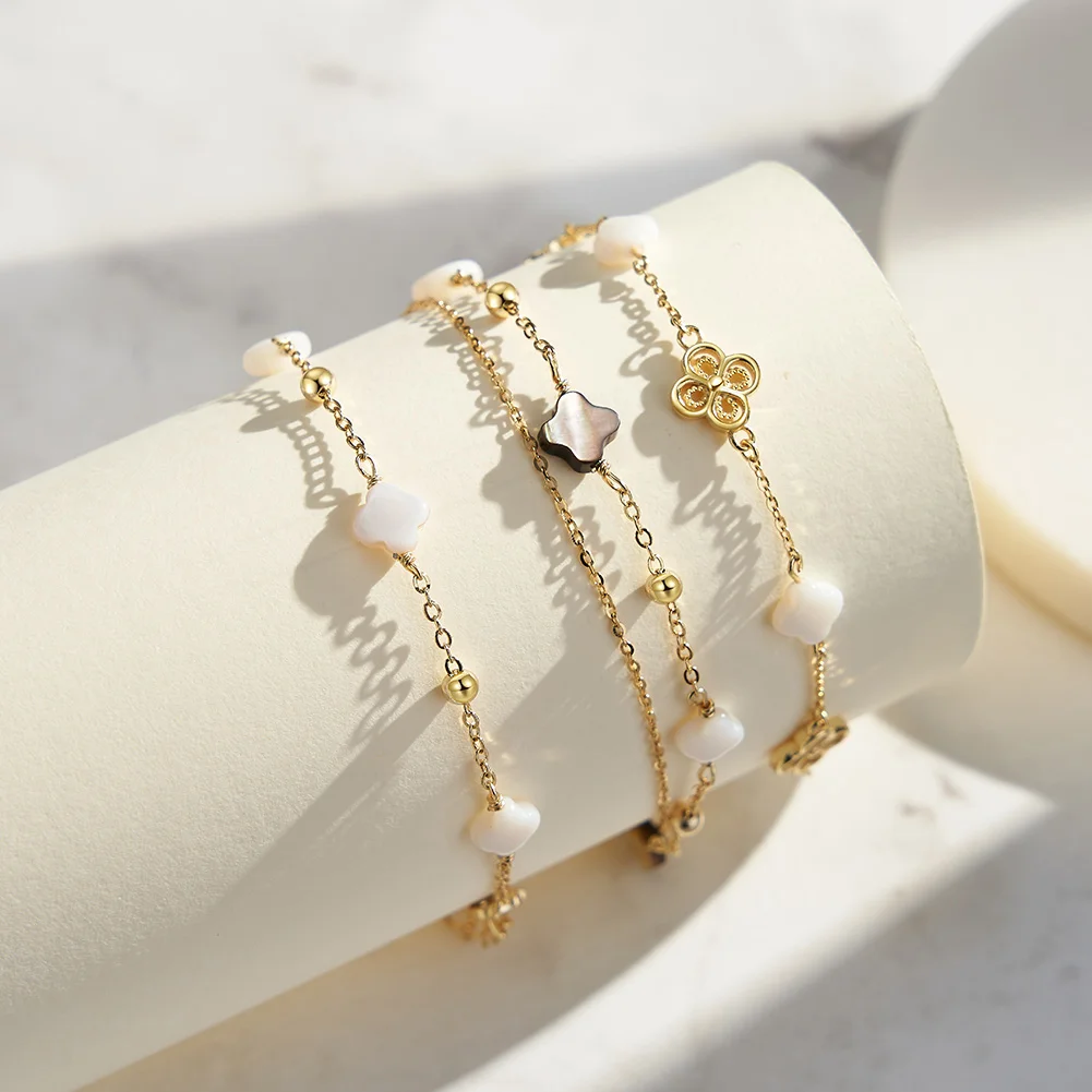 RINNTIN GMB66 Hot Sell 14k Gold Plated 925 Sterling Silver Lucky Bracelet Double-layer Four Leaf Clover Shell Pearl Bracelet