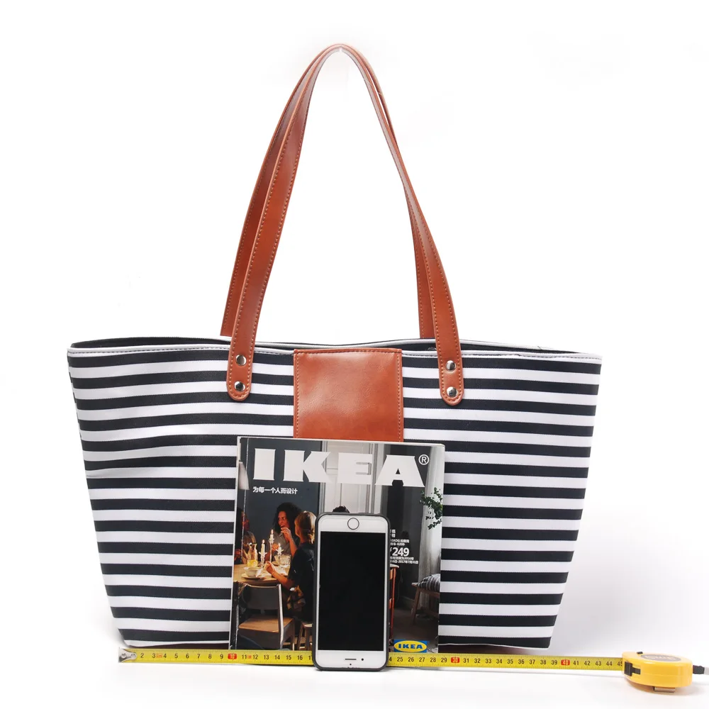 

Wholesale Large PU Leather Bag Thicken Shoulder Tote Ladies Hand Bags Stripe PU Tote Bag DOM112-752, Black and white