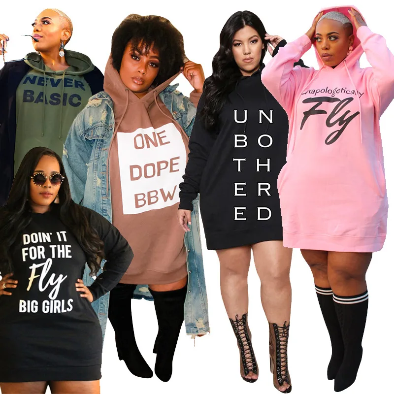 

Big Fat Plus Size Clothes Women 2021 Casual Printed Oversized Hoodies Dress Autumn, Black, pink, army green, coffee, black fly