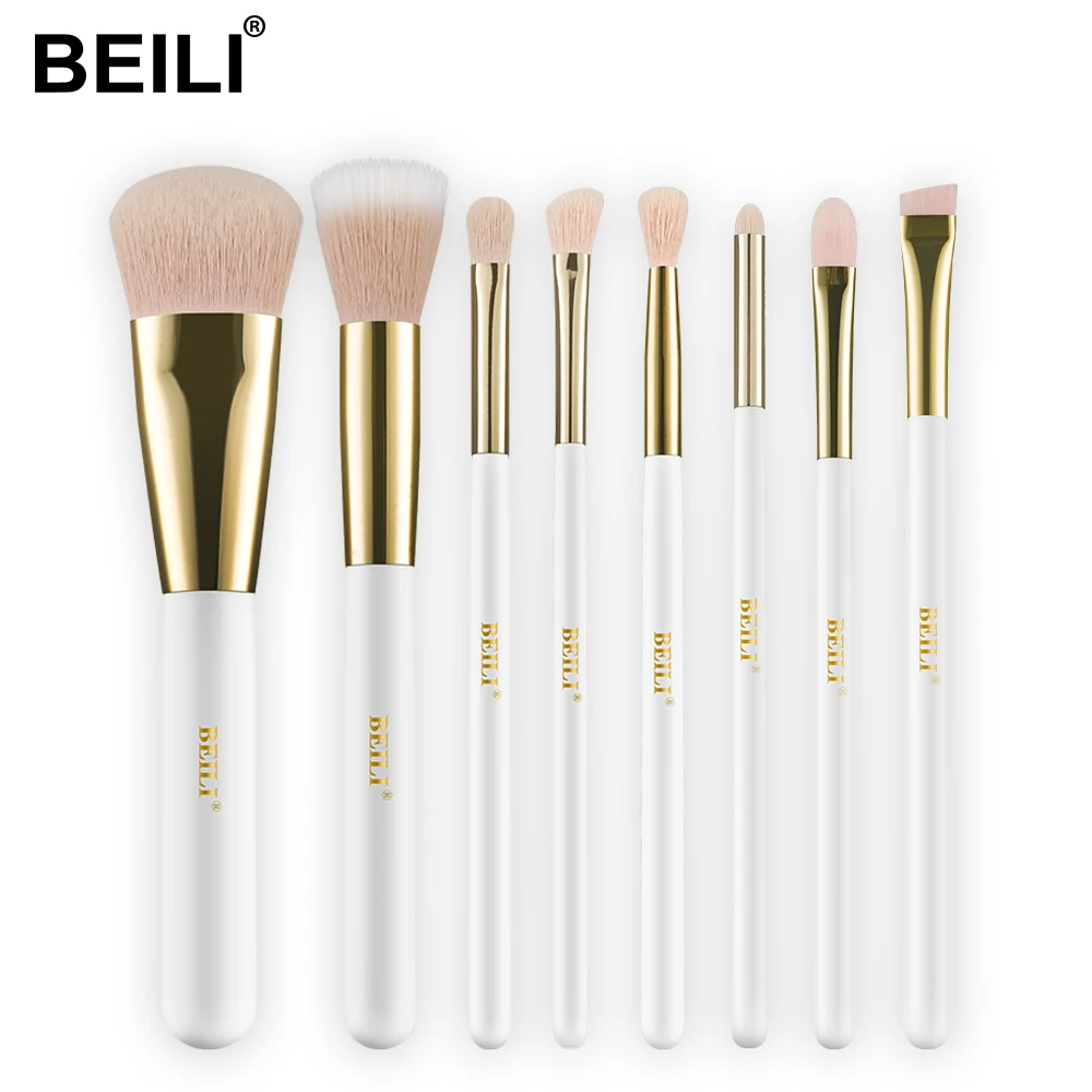 

BEILI Wholesale Professional Private Label 8Pcs Wood handle Synthetic Hair Make Up Cosmetic Foundation Makeup Brush Set, White