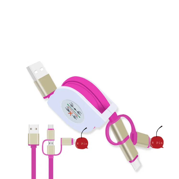 

High Quality OEM Retractable TPE Flat 3 In 1 Charging Usb Cable For iPhone Android Type C Micro lighting Charger Data Cable