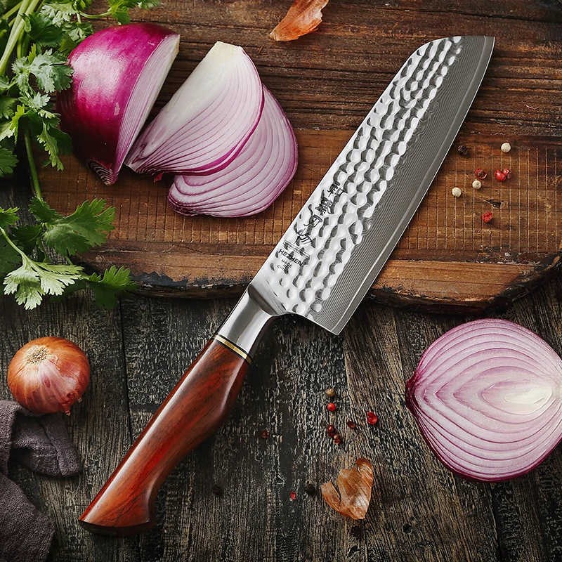 

Morden Luxury 14Cr core Powder Damascus Steel Kitchen Santoku Knife with Rose Wood Handle