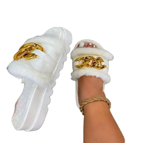 

European and American new round head thick soles with hair slipper in large size metal chain cotton slipper, As shown in figure