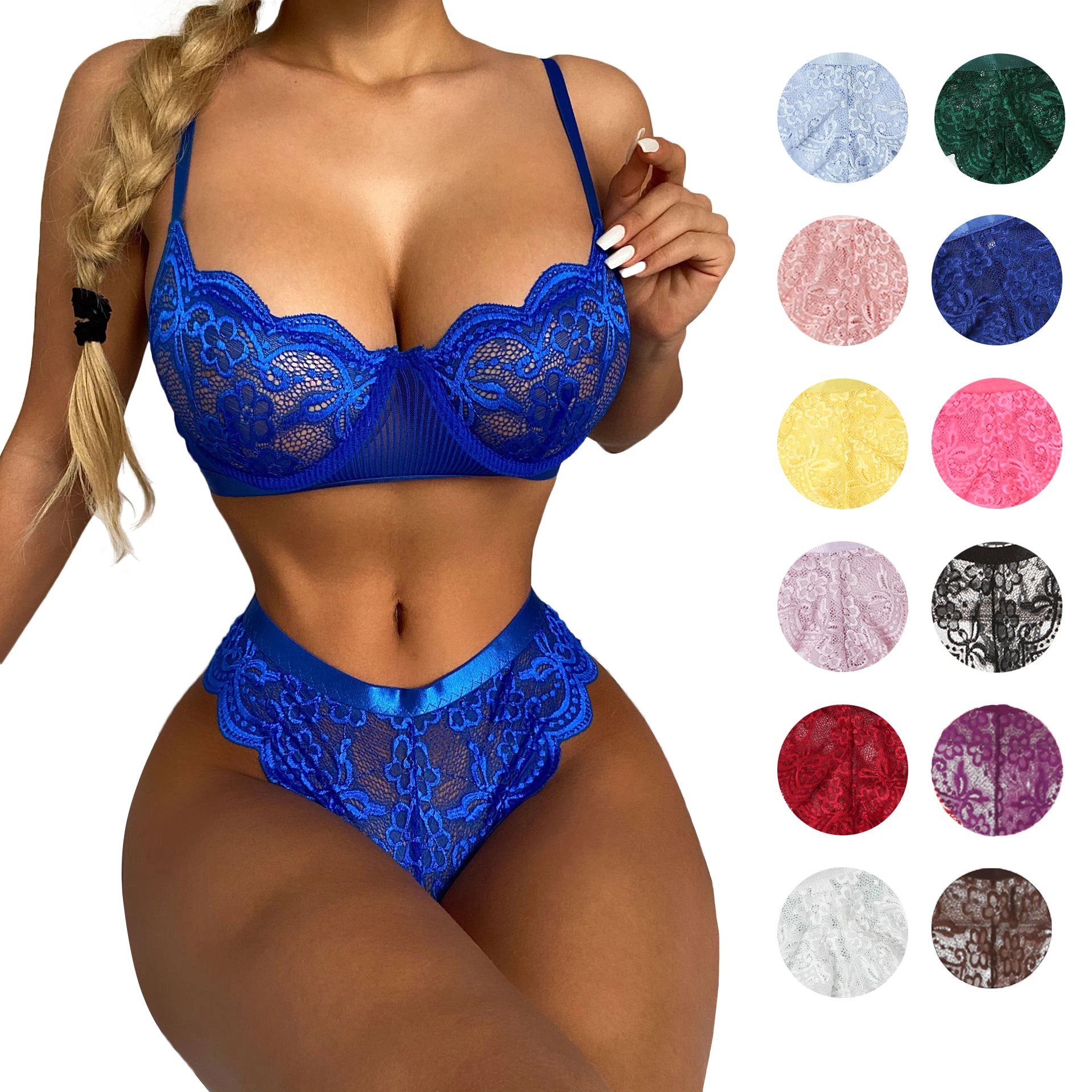 

16 Color Hot Transparent Women Underwire Sexy Lenceria Bra Sets Thong Panties Blue 2 Piece Lace Lingerie Set
