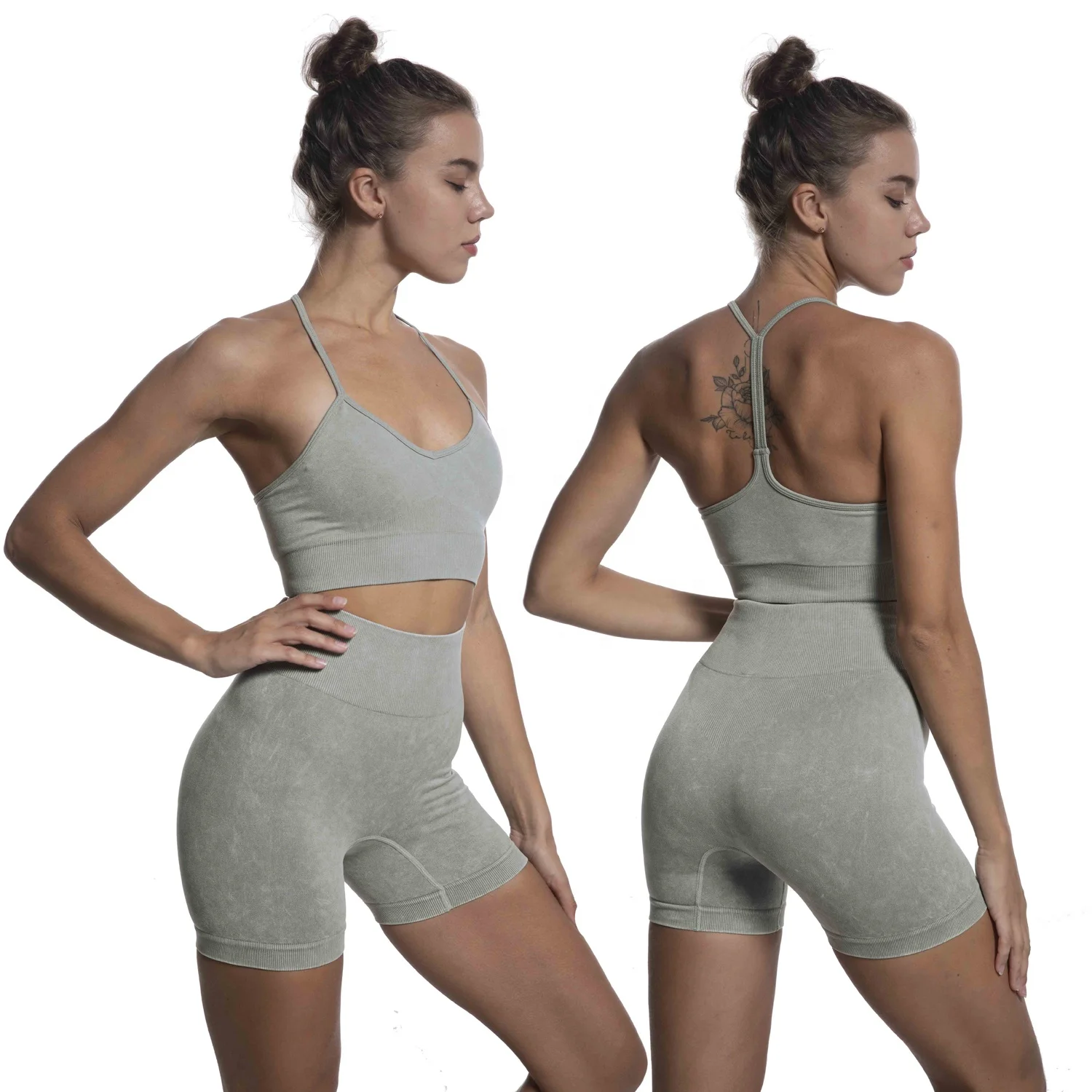 

2022 hot sale sand wash jeans bra and shorts set fitness and yoga wear fashion sportswear stylished gym set