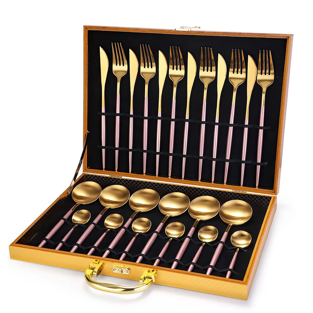 

Wholesale cheap gold wedding tableware knife spoon fork set 24 piece 18/10 stainless steel flatware sets cutlery set, 5colors