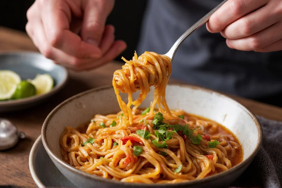 Chef's hand spooning Trader Joe's Chili Crisp over a bowl of steaming ramen with fresh herbs