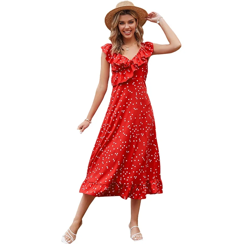 

Summer hot sale womens dresses v-neck ruffled sleeveless bodycon ladies dress, Red