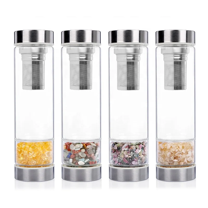 

Natural Gravel Gemstone Healing Crystal Energy Elixir Crystal Filter Glass Water Bottle, Customized color acceptable