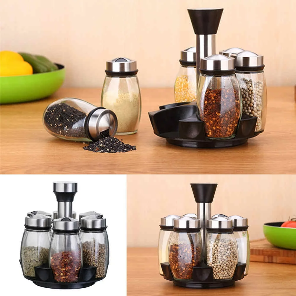 

7 Pcs Cooking Stainless Steel Waterproof Holder Non Toxic Rotating Rack Kitchen Tools Condiment Container Seasoning Bottle Set
