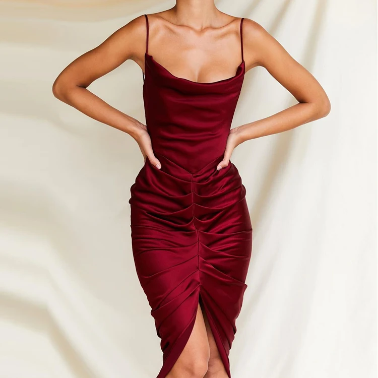 

Ladies Gown Female Midi Sleeveless Women Satin Backless Evening Spaghetti Strap Design Dress, Red