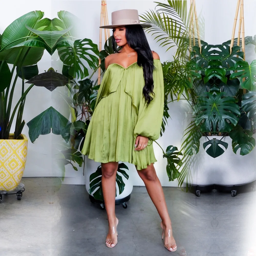 

NS033 loose sleeve shoulderoff chiffon dress women 2021 new green dresses