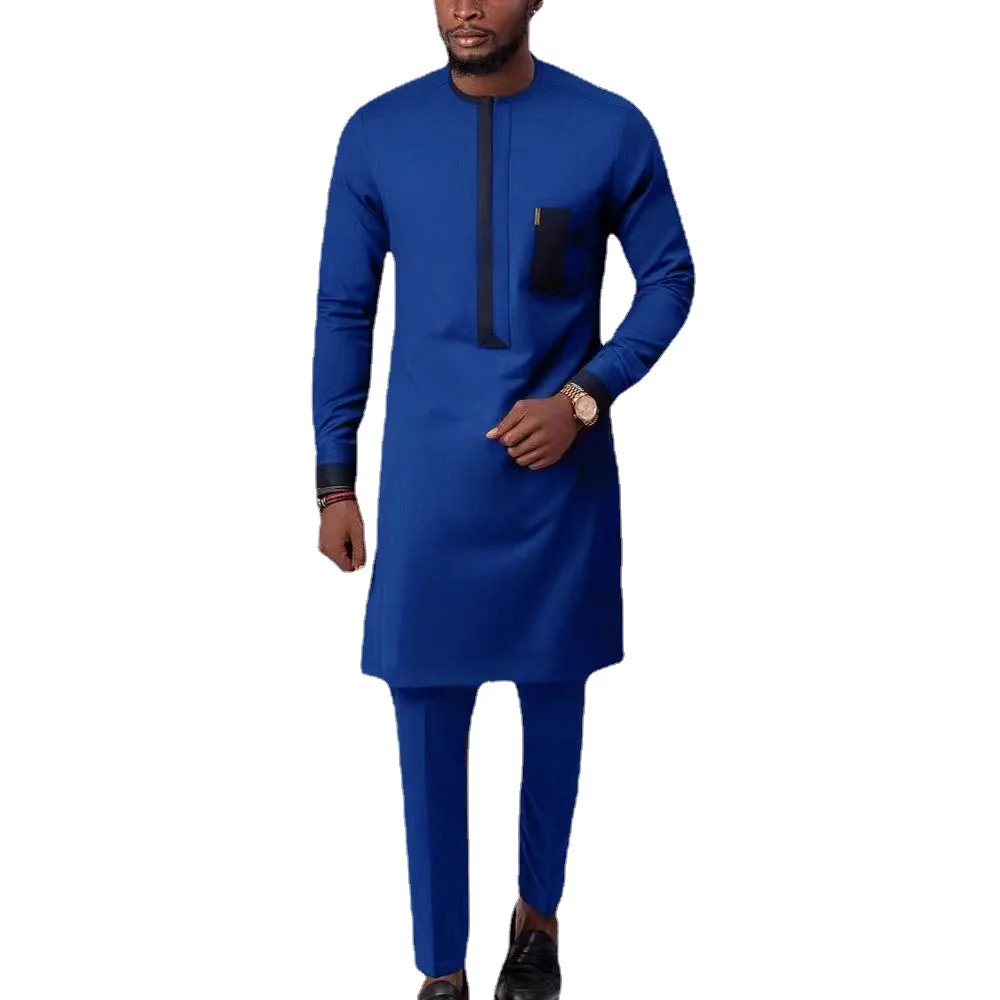 

M-4XL African Ethnic Style Solid Color Simple Casual Men's Set Long Sleeve Top and Pants 2 Piece Set streetwear