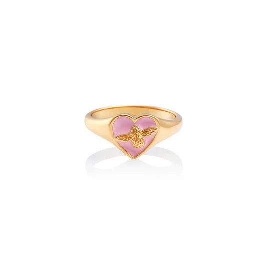 

Gold Plated 925 Sterling Silver Jewellery Lovely Bug Signet Pink Enamel Heart Ring
