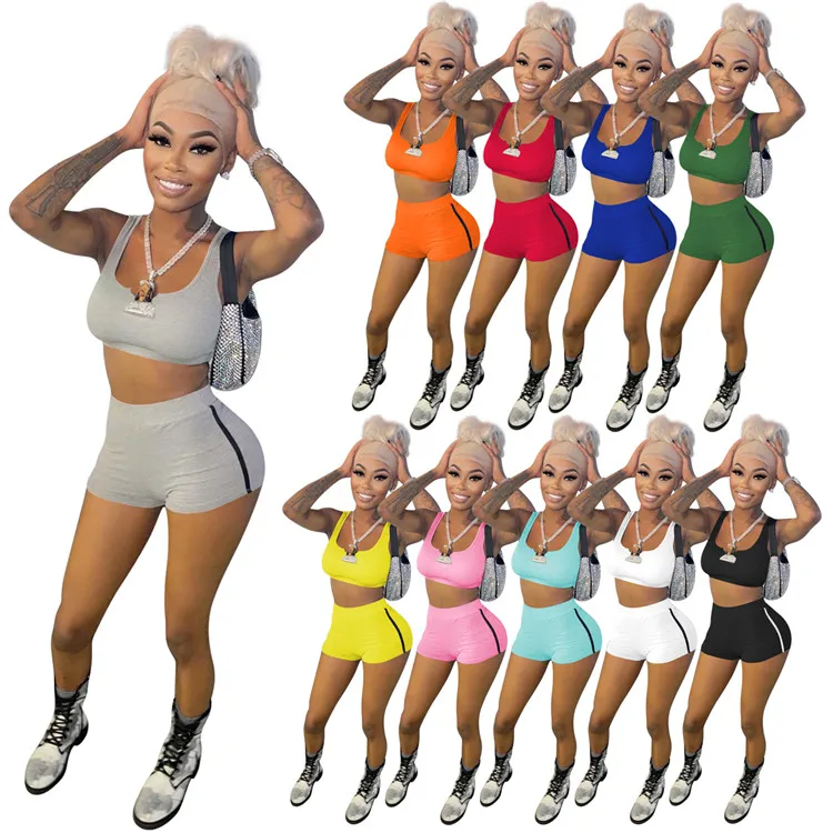 

High Quality Lady Casual Tracksuit Tank Top Shorts Summer Women Workout Two Piece Sets, Picture shown