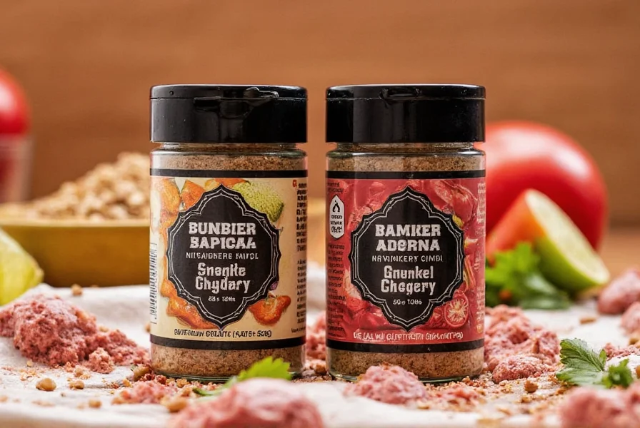 Various spice jars including shawarma seasoning arranged neatly on a shelf