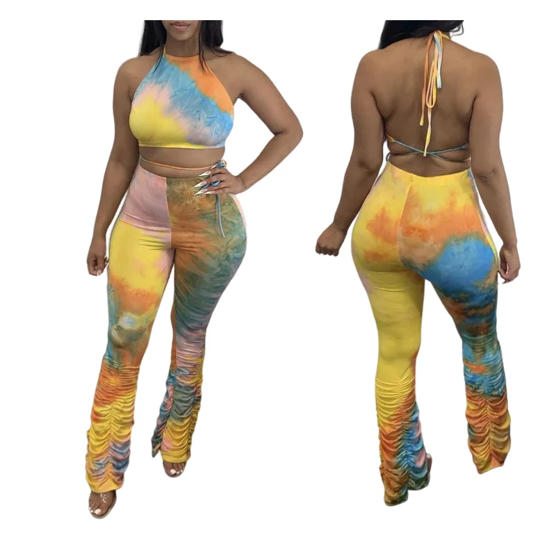 

Ladies halter halter neck folds micro horn dazzling rainbow tie-dye printing two-piece suit