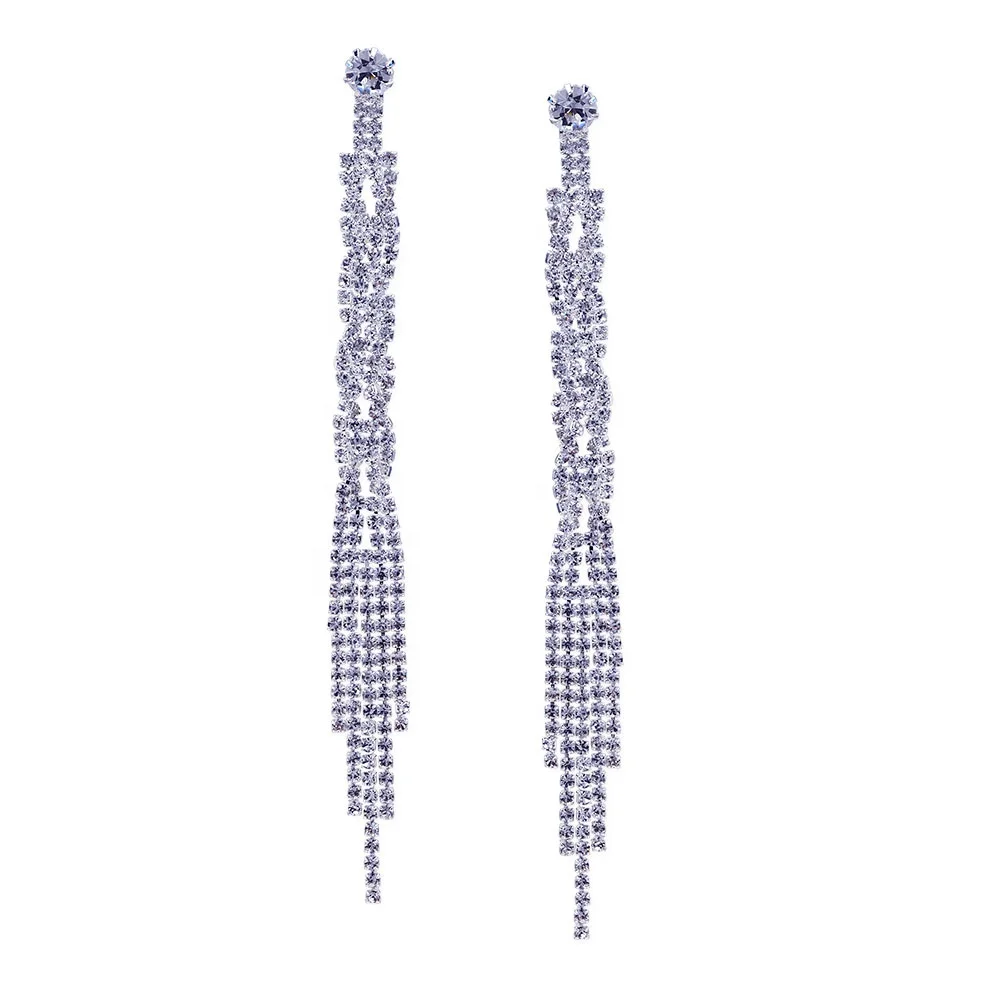 

Design Rhinestone Dangle Tassel Long Drop Earrings Women Jewelry for Bridal Wedding Party, Silver as pictures show