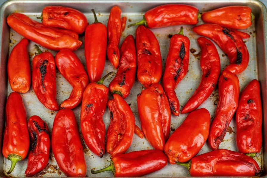 Perfectly roasted red bell peppers on a baking sheet, skin blistered and blackened, ready for bisque preparation