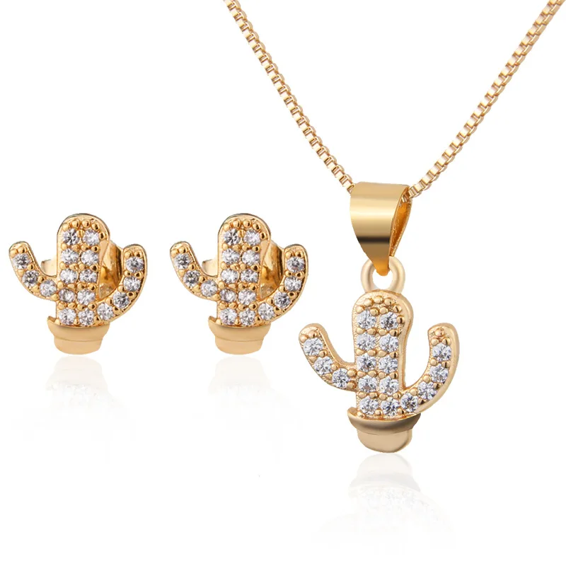 

MSYO New High Quality Fashion 3Pcs Zircon Plant Cactus Necklace and Earring Set For Women