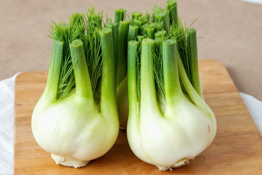 Fresh fennel bulbs with feathery green fronds on a wooden cutting board