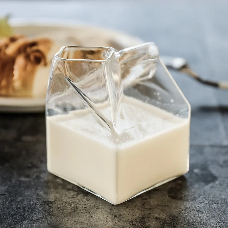 

Feiyou New cute mini 250ml transparent plain milk shape box bpa free house drinkware clear 8oz glass milk box bottle for kids, Color as pictures