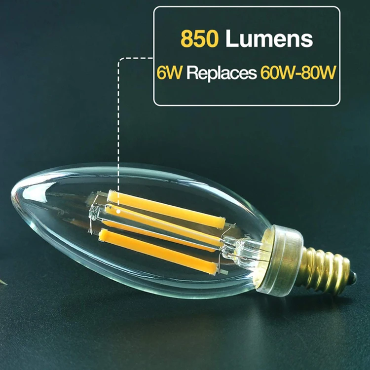 6w Dimmable Led Filament Bulb E12 Candelabra Bulb 806lm Led Filament