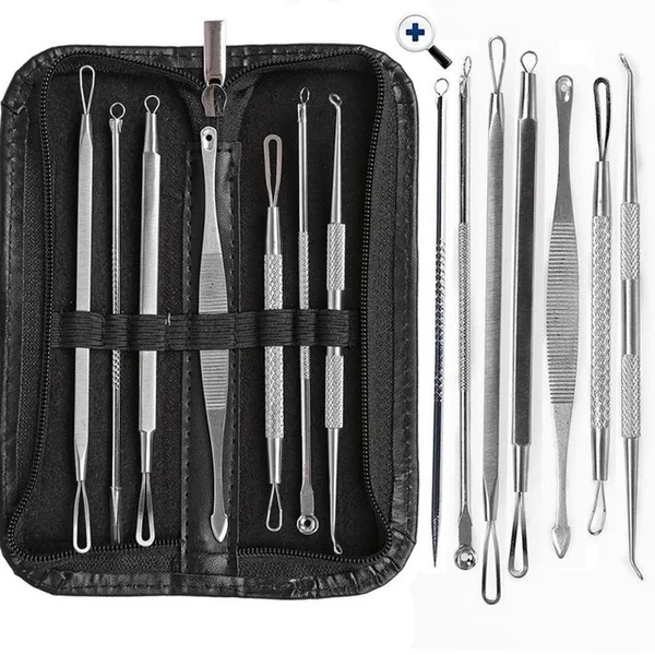 

Blackhead Remover Pimple Comedone Extractor Tool Best Acne Removal Kit Whitehead Popping, Zit Removing With Metal Case, Silver