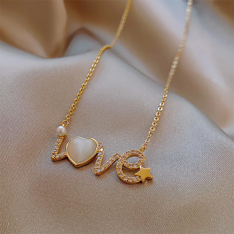 

14K Gold Plated Opal LOVE Word Pendants Short Necklace Gold Crystal Diamond Love Letter Opal Charm Clavicle Chain Necklace, Picture shows