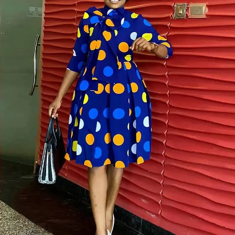 

YP New Summer A Line Bowtie Printed Dot African Women Office Career Dress
