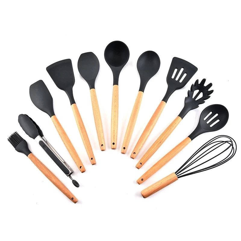 

Food Grade Cooking Utensil 11PCS Wooden Handle Kitchen Utensil Set Silicone, Sliver/blue/khaki