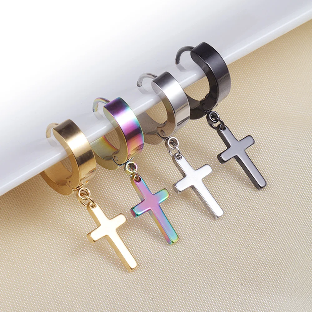 

Wholesale men punk gold plated dangle cross stud earrings for women stainless steel hoops earrings, Silver golden black colorful