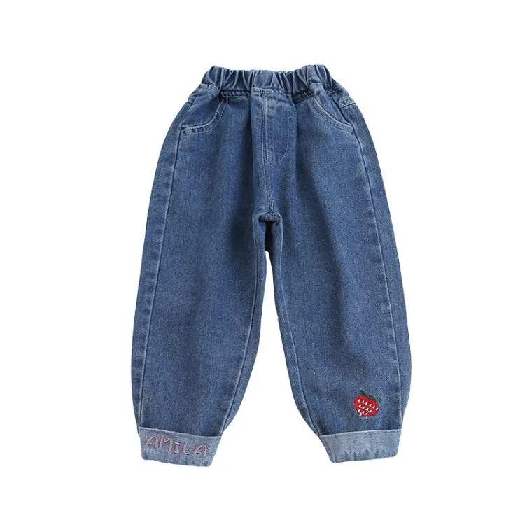 

Spring Autumn New Fashion Design Fruit-patterned Embroidery Kids Denim Pants Baby Girl Jeans, Blue