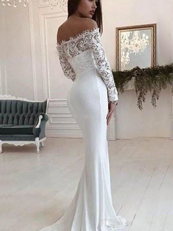 New Arrival Ladies Shoulder Lace Long Sleeve Wedding Dress Sweep Floor Length  Wedding Dresses