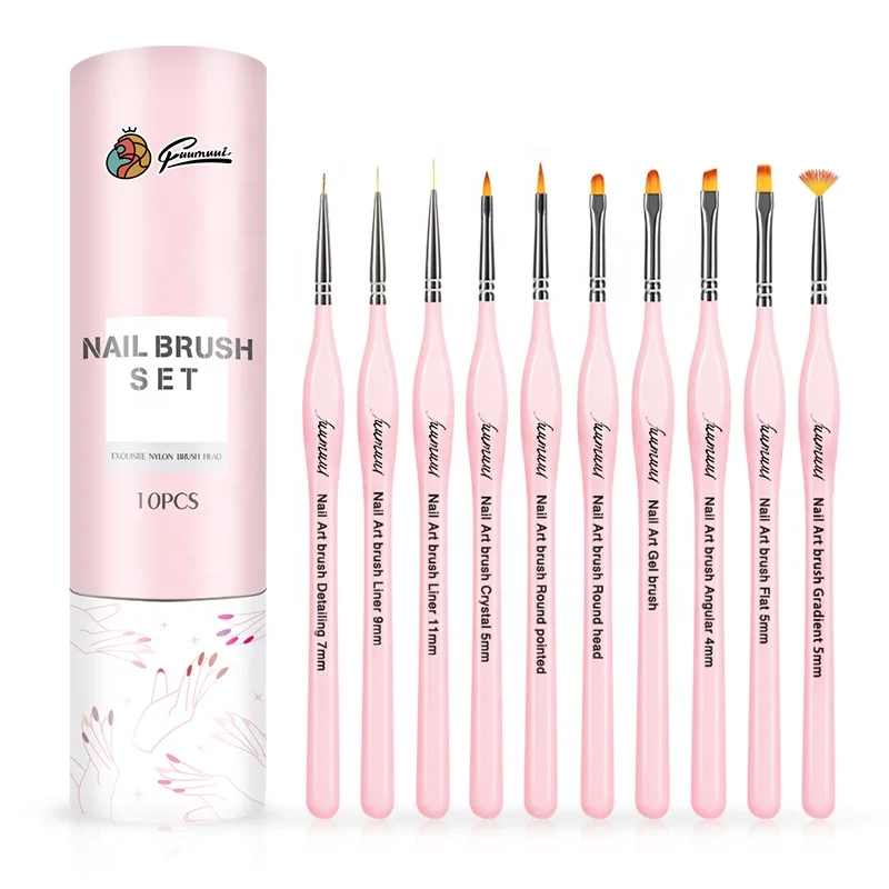 

Fuumuui 2021 Hot Selling Pink Wooden Handle Nylon Hair 10 pcs Nail Brush Set Nail Art Detail Brush
