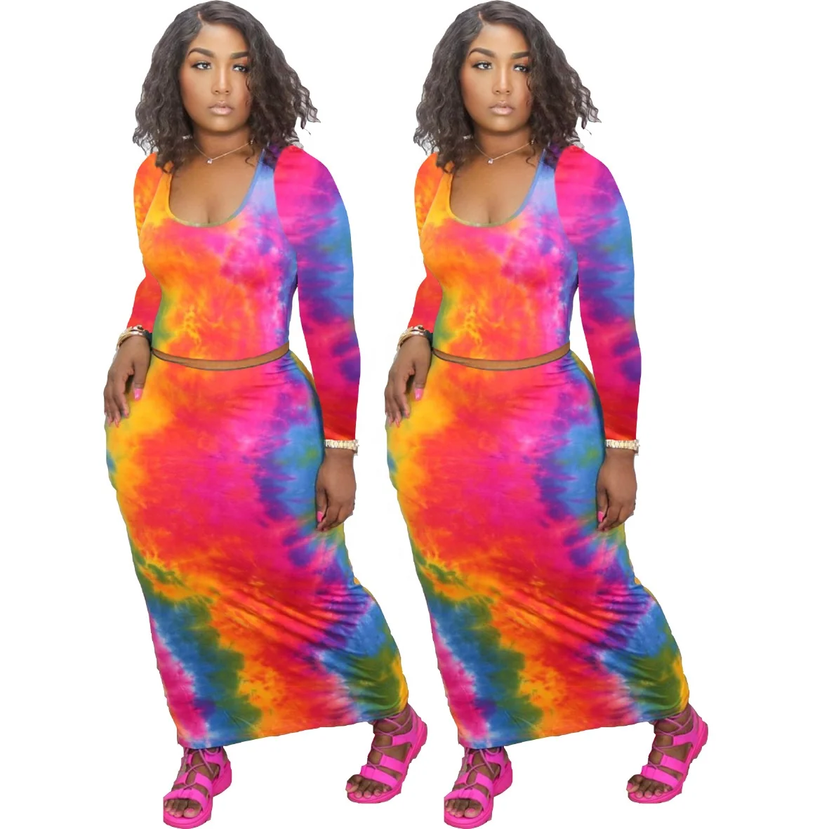 

YD High quality summer tie dye plus size long sleeve o neck women skirt dress two piece set