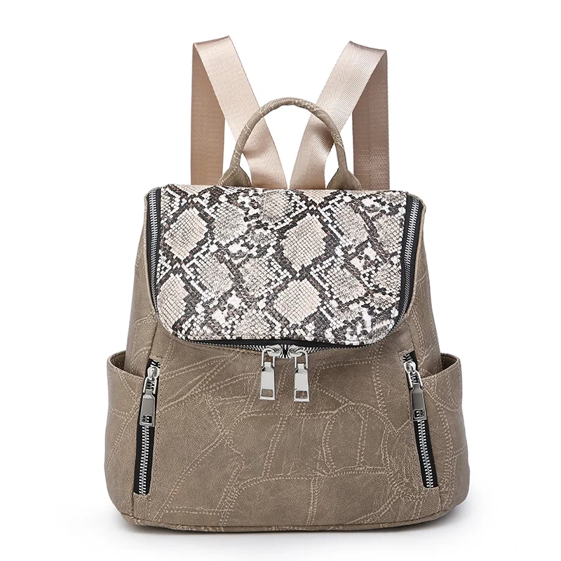 

2020 High Quality Leather Backpack Women Casual Backpack New Fashion Style Snake Pattern Backpack, Khaki,blue,black,oem