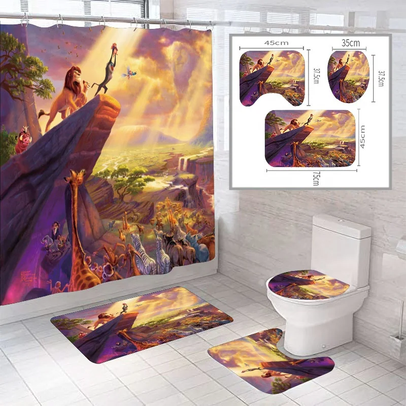 

4pcs Luxury 3d Customer Printed Lion king Shower Curtain Custom Logo Bathroom Set for Bathroom with Hooks, Custom-made