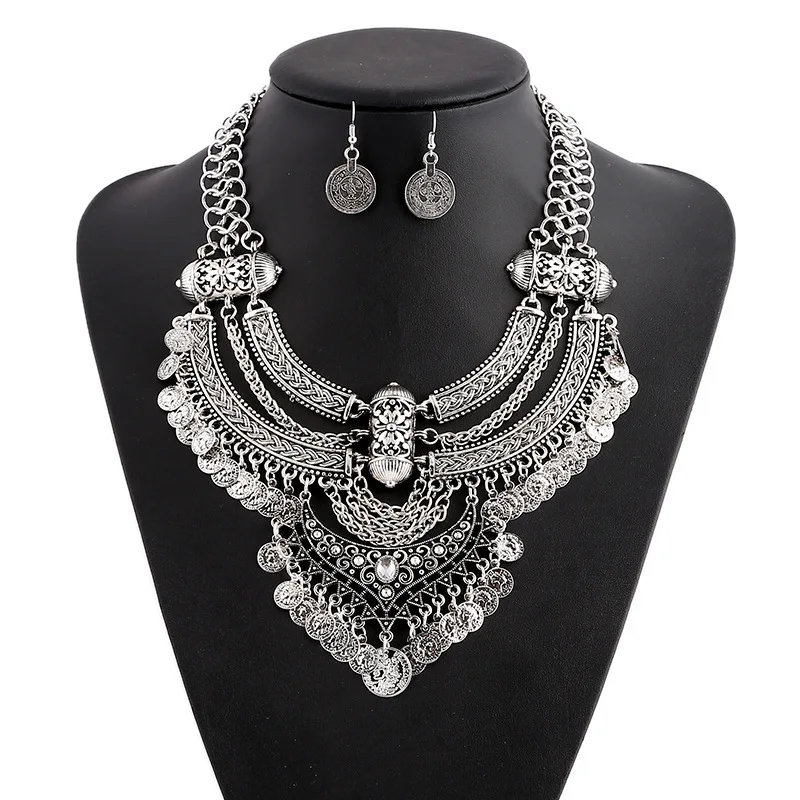 

Punk Ethnic Style Bib Necklace for girl Bohemian Coin Statement Necklace and earrings Jewelry Set