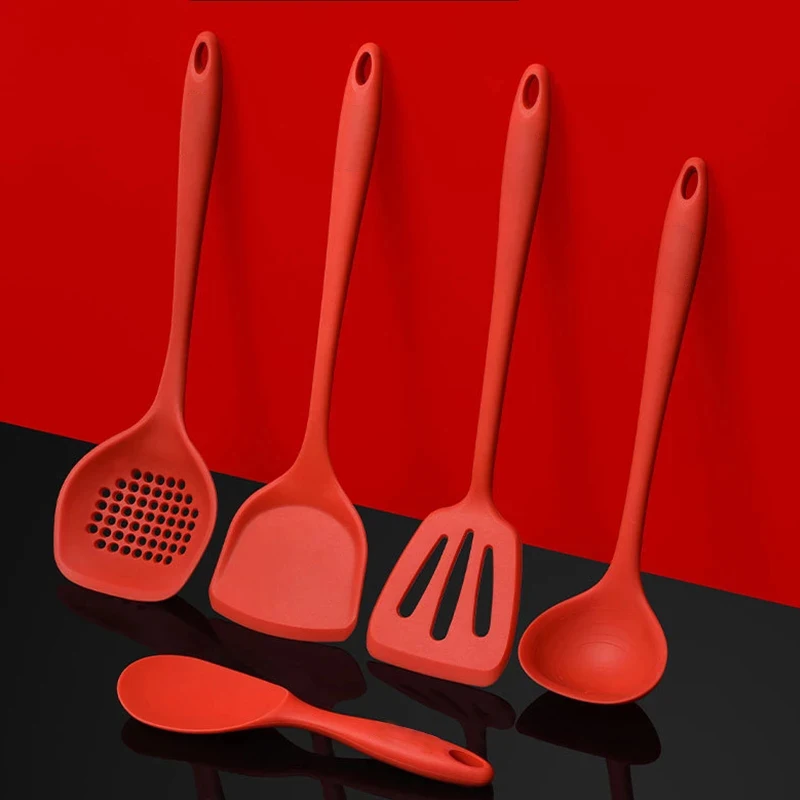

Hot Selling 5pcs Food Grade Silicone Kitchen Utensils Heat Resistant Cooking Utensil Set, Black, blue, red, pink, green.