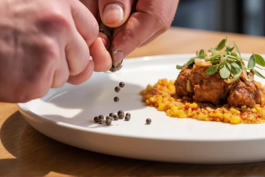 Chef's hands grinding fresh Tellicherry peppercorns over a finished dish