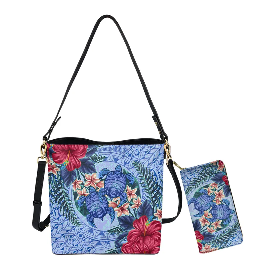 

Brand Hawaiian Polynesian Tribal Turtle Leather Handbags for Women Unique Femme Ladies Bucket Shoulder Bag and Wallets Set