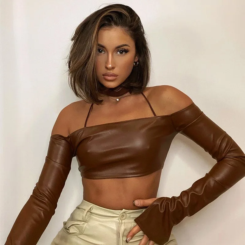 

new style halter neck split long sleeve t shirts off the shoulder leather tops for women, As pics