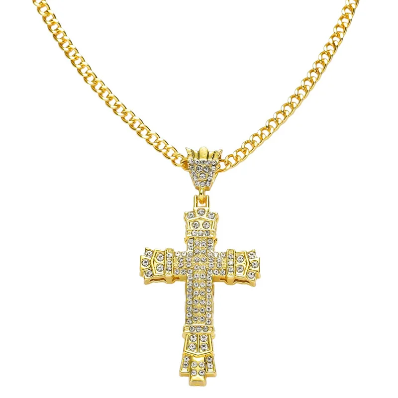 

Hot Sale European and American Style Jewelry Cuban Chain Inlaid Rhinestone Cross Pendant Necklace For Men