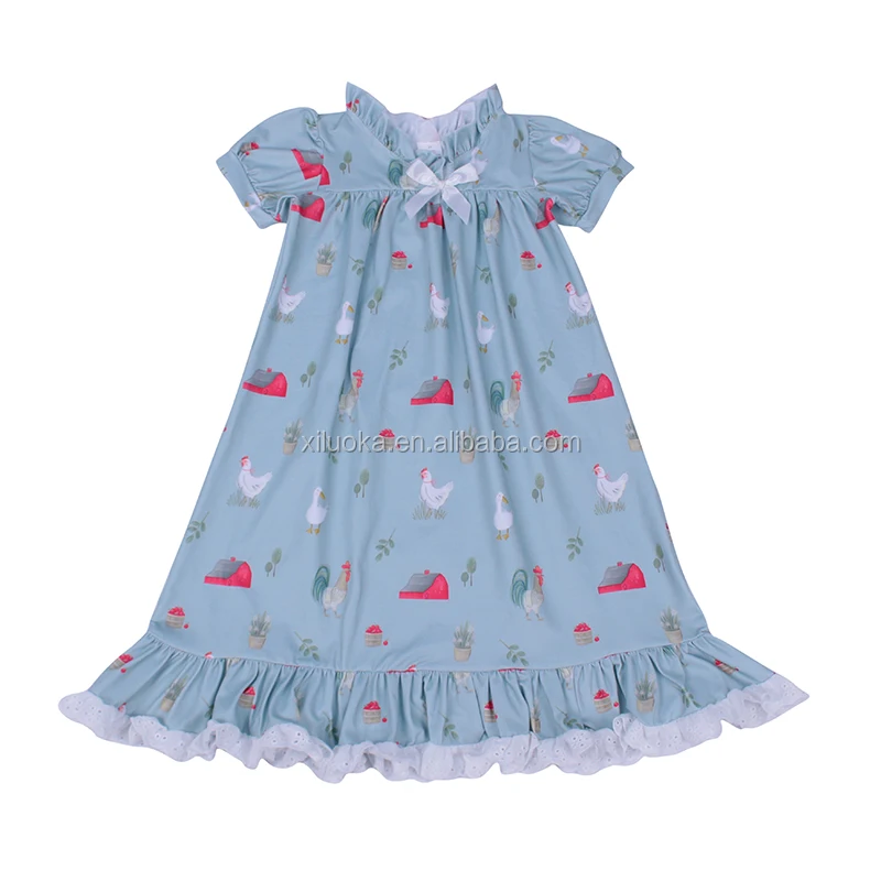 

Fashion summer korean kids dresses stand collar short sleeve cock chick pattern ruffle lace trim baby girl dress, Picture