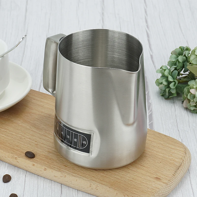 

Custom Metal Stainless Steel Latte Art Milk Jug Frothing Coffee Pitcher With Small Thermometer, Customized color