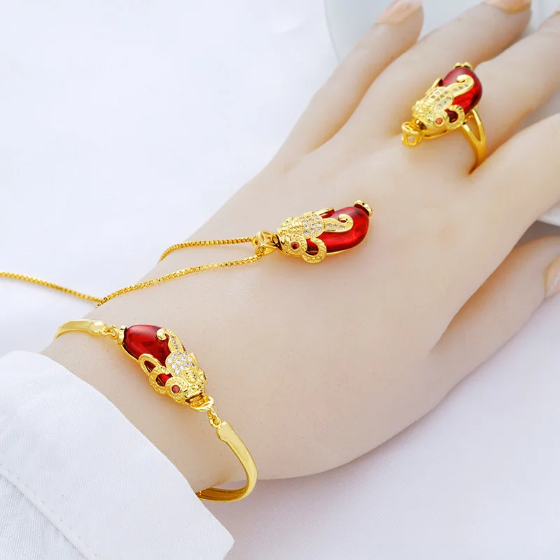 

Sand Gold Brass Plated 18K Inlaid Red Gemstone Pixiu Ring 3D Hard Gold Bracelet Ladies Necklace Three Piece Set